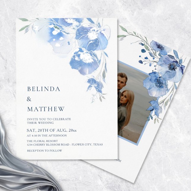 Invitation En Aluminium Blue Watercolor Blue Flowers  Casual Wedding (Créateur téléchargé)