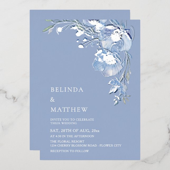 Invitation En Aluminium Blue Watercolor Flowers Casual Wedding (Recto/Verso)