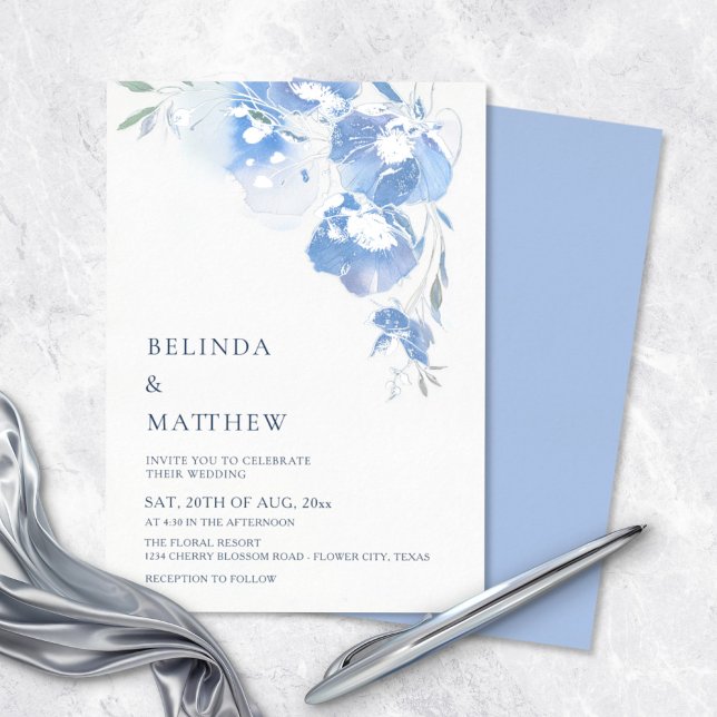 Invitation En Aluminium Blue Watercolor Flowers White Silver (Créateur téléchargé)