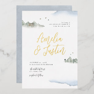 Invitation En Aluminium Blue Watercolor Mountain Destination Mariage