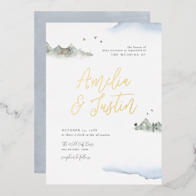Invitation En Aluminium Blue Watercolor Mountain Destination Mariage (Recto/Verso)