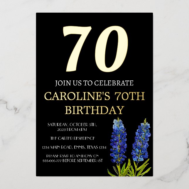 Invitation En Aluminium Bluebonnets 70e anniversaire Blue Gold Chic Glam (Recto)