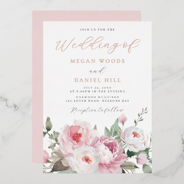 Invitation En Aluminium Blush & Blanc Botanique Floral Mariage Rose Or (Recto/Verso)