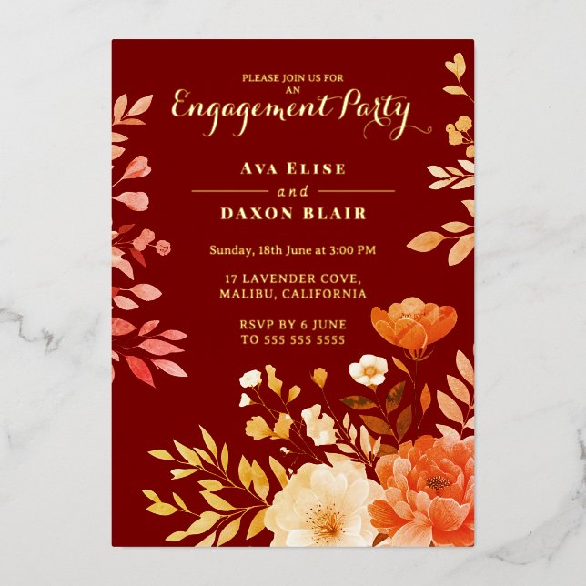 Invitation En Aluminium Blush Burgundy Floral Engagement Party (Recto)