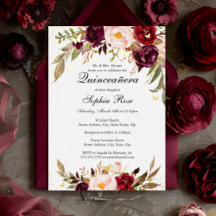Invitation En Aluminium Blush Burgundy Floral Quinceanera en feuille d'or