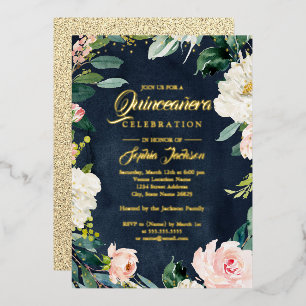 Invitation En Aluminium Blush de feuille d'or Couronne florale Navy Quince