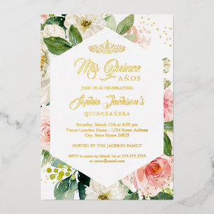 Invitation En Aluminium Blush Doré Moderne Fleur Aquarelle Quinceanera
