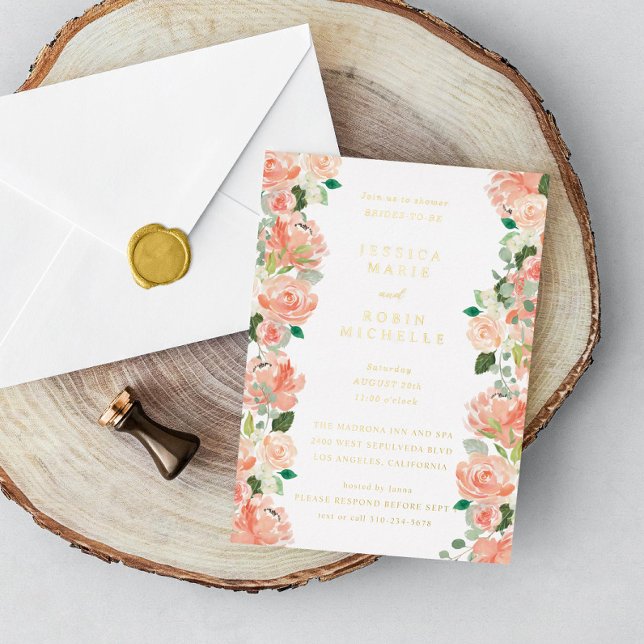 Invitation En Aluminium Blush Floral Deux Mariées Lesbienne Couple Douche (Créateur téléchargé)