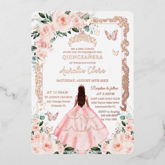 Invitation En Aluminium Blush Floral Quinceañera Princesse Robe Rose Or (Recto)