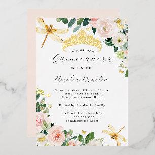 Invitation En Aluminium Blush Gold Floral Dragonfly Quinceanera