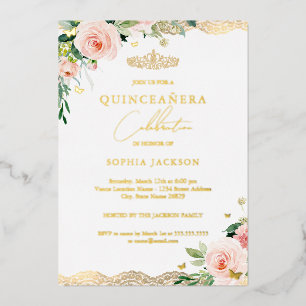 Invitation En Aluminium Blush Gold Floral Lace Quinceañera