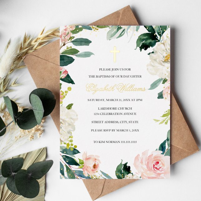 Invitation En Aluminium Blush Gold Floral Wreath Cross Girl Baptism (Créateur téléchargé)