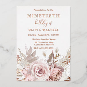 Invitation En Aluminium Blush magique & Rose Floral 90e anniversaire