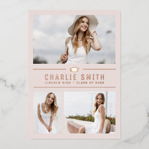 Invitation En Aluminium Blush Modern Typographie 3 Photo Graduation Party