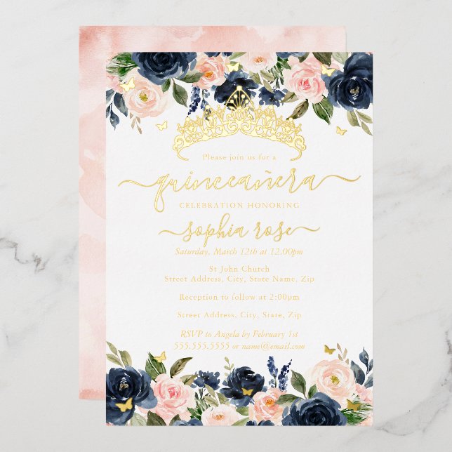 Invitation En Aluminium Blush Navy Floral Golden Butterfly Quinceanera (Recto/Verso)