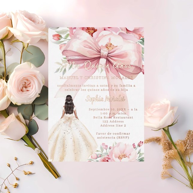 Invitation En Aluminium Blush pink bow florals dress rose gold Quinceanera (Créateur téléchargé)
