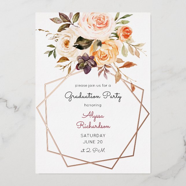 Invitation En Aluminium Blush Pink & Peach Floral & Frame Graduation Party (Recto)
