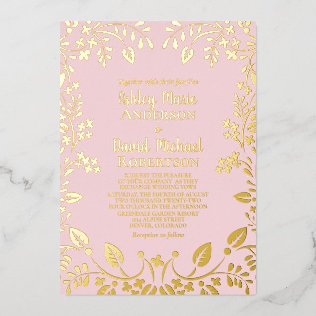 Invitation En Aluminium Blush Pink Vrai Or Foil Mariage Floral (Recto)