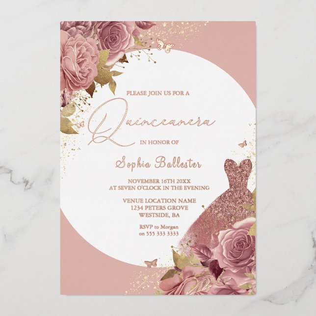 Invitation En Aluminium Blush Quinceanera Fleurs & Robe Rose Gold Script (Recto)