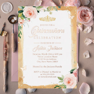 Invitation En Aluminium Blush Quinceanera Floral Sparkle Rose Gold Tiara