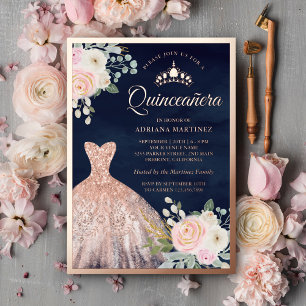 Invitation En Aluminium Blush rose Floral Gown Marine Quinceanera Rose Gol