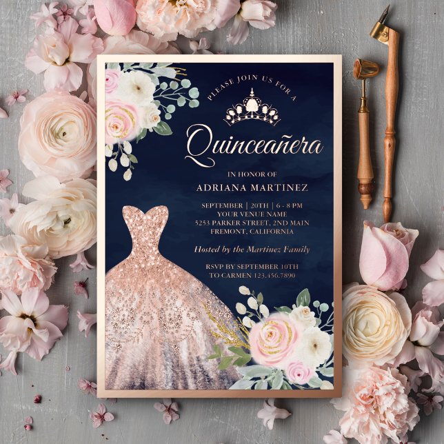 Invitation En Aluminium Blush rose Floral Gown Marine Quinceanera Rose Gol (Créateur téléchargé)