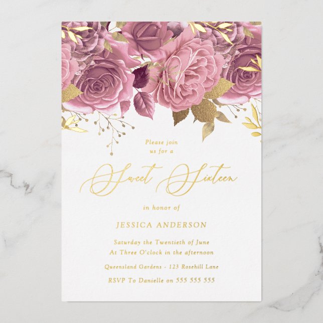 Invitation En Aluminium Blush rose Floral Sweet 16 Party Gold (Recto)