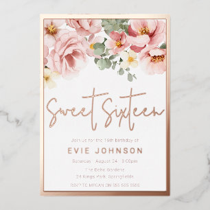 Invitation En Aluminium Blush rose Floral Sweet 16 Rose Parti Or
