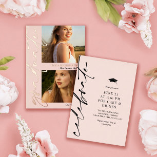 Invitation En Aluminium Blush Rose Gold Calligraphie 2 Photos Graduation