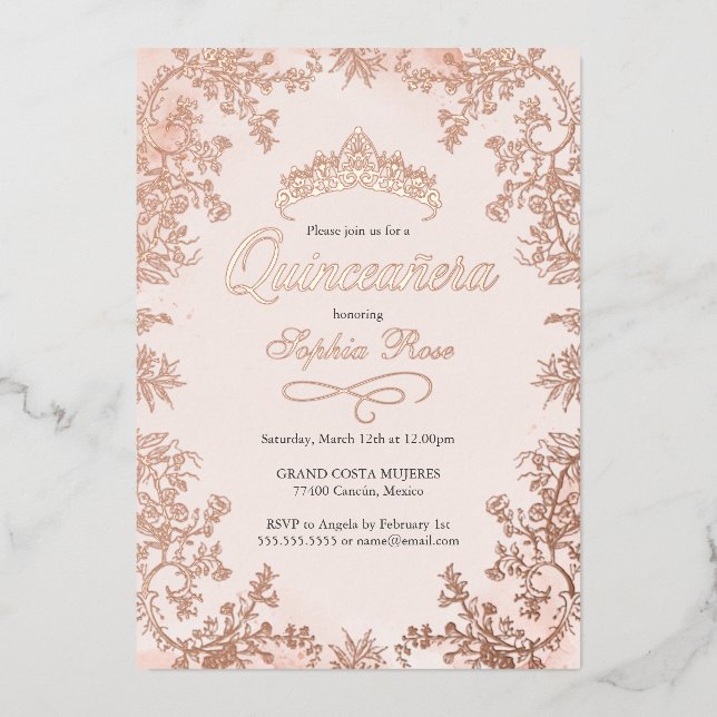 Invitation En Aluminium Blush Rose Gold Couronne Florale Quinceanera (Recto)