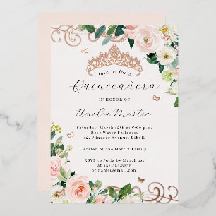 Invitation En Aluminium Blush Rose Gold Floral Quinceanera Tourbillon