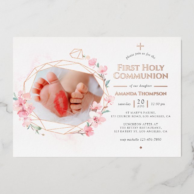 Invitation En Aluminium Blush & Rose Gold Géométrique Floral Sainte Commun (Recto)