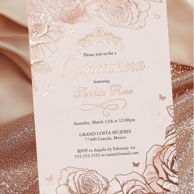 Invitation En Aluminium Blush Rose Gold Roses Thème Quinceanera (Créateur téléchargé)