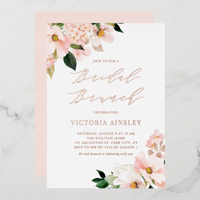 Invitation En Aluminium Blush rose Magnolias Rose Gold Foil Bridal Brunch (Recto/Verso)
