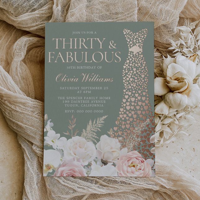 Invitation En Aluminium  Blush & Sage 30th Birthday Rose Gold Gown (Créateur téléchargé)