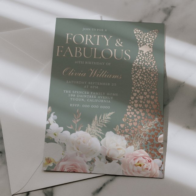 Invitation En Aluminium  Blush & Sage 40th Birthday Rose Gold Gown (Créateur téléchargé)