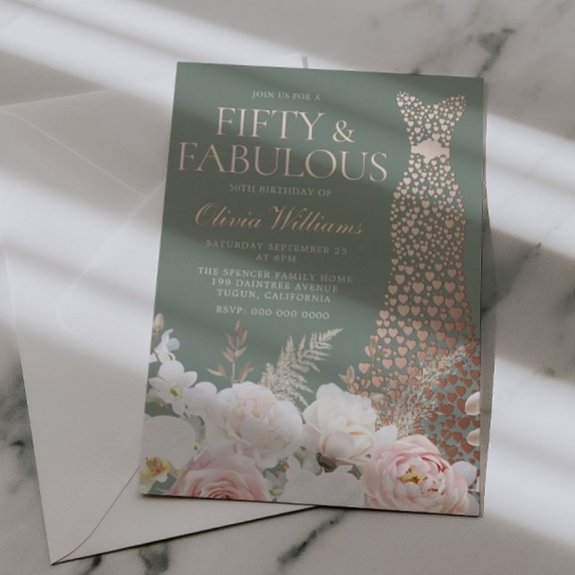 Invitation En Aluminium Blush Sage 50th Birthday Rose Gold Gown (Créateur téléchargé)