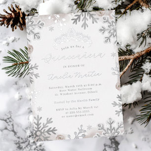 Invitation En Aluminium Blush Silver Beige Flocon de neige Quinceanera