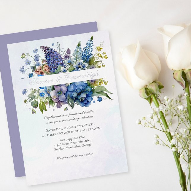 Invitation En Aluminium Bohème Bleu Violet Aquarelle Florales Mariage (Créateur téléchargé)