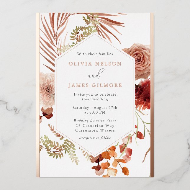 Invitation En Aluminium Bohème luxuriant Cadre Mariage Rose or (Recto)