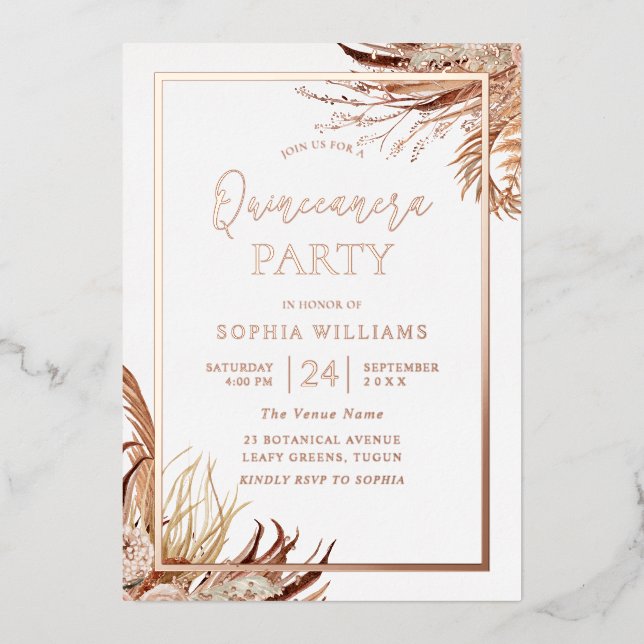 Invitation En Aluminium Bohemian Boho Quinceanera Party Rose Gold (Recto)