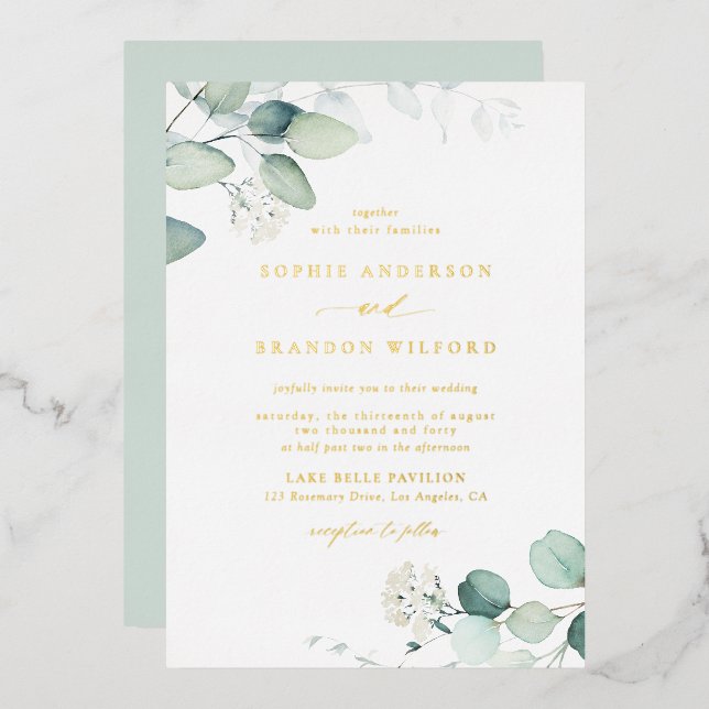 Invitation En Aluminium Boho Aquarelle Eucalyptus Feuille Mariage vert (Recto/Verso)