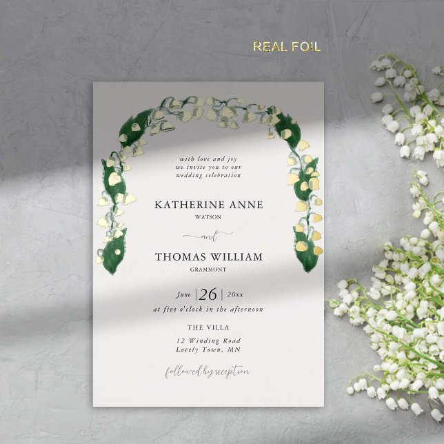 Invitation En Aluminium Boho Arch Chic Aquarelle Lily Valley Mariage Gold (spring wedding invitation lily of the valley watercolor fine art hand drawn gold foil romantic boho )