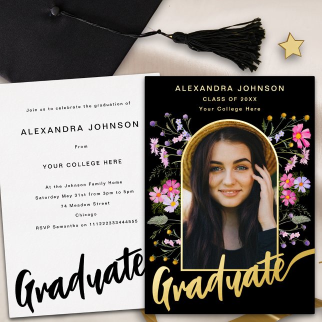Invitation En Aluminium Boho Arche Florale Script de Photo Fête de Remise  (Boho floral graduate photo arch pink black and gold foil script Graduation party invitation)