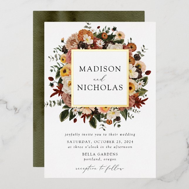 Invitation En Aluminium Boho Automne Floral Frame Mariage (Recto/Verso)
