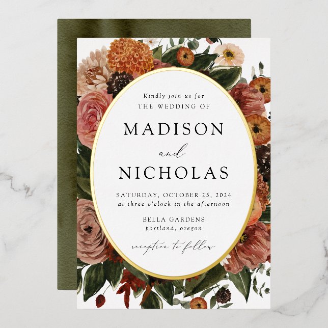 Invitation En Aluminium Boho Automne Floral Oval Frame Mariage (Recto/Verso)