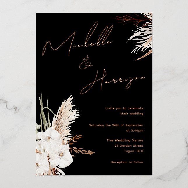 Invitation En Aluminium Boho Blanc Floral Script Mariage Rose Or (Recto)