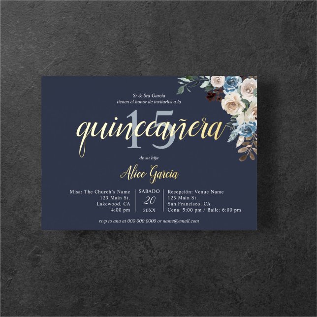 Invitation En Aluminium Boho Blue Flowers séché Feuille Quinceanera (Créateur téléchargé)