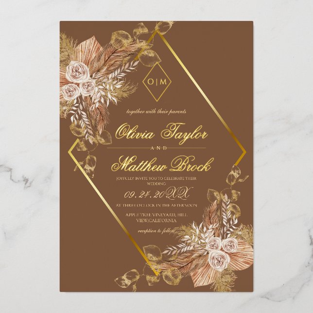 Invitation En Aluminium Boho Brûlé Orange Diamant Or Mariage Feuille métal (Recto)