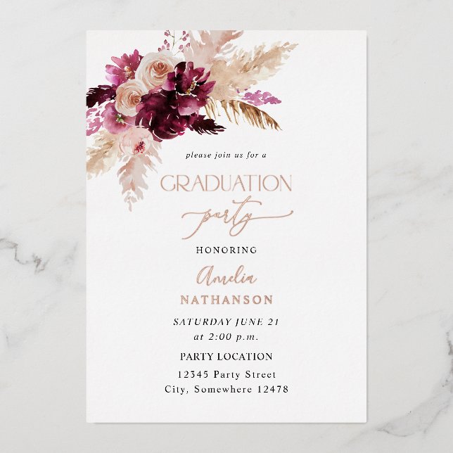 Invitation En Aluminium Boho Burgundy & Pink Floral Graduation Party (Recto)